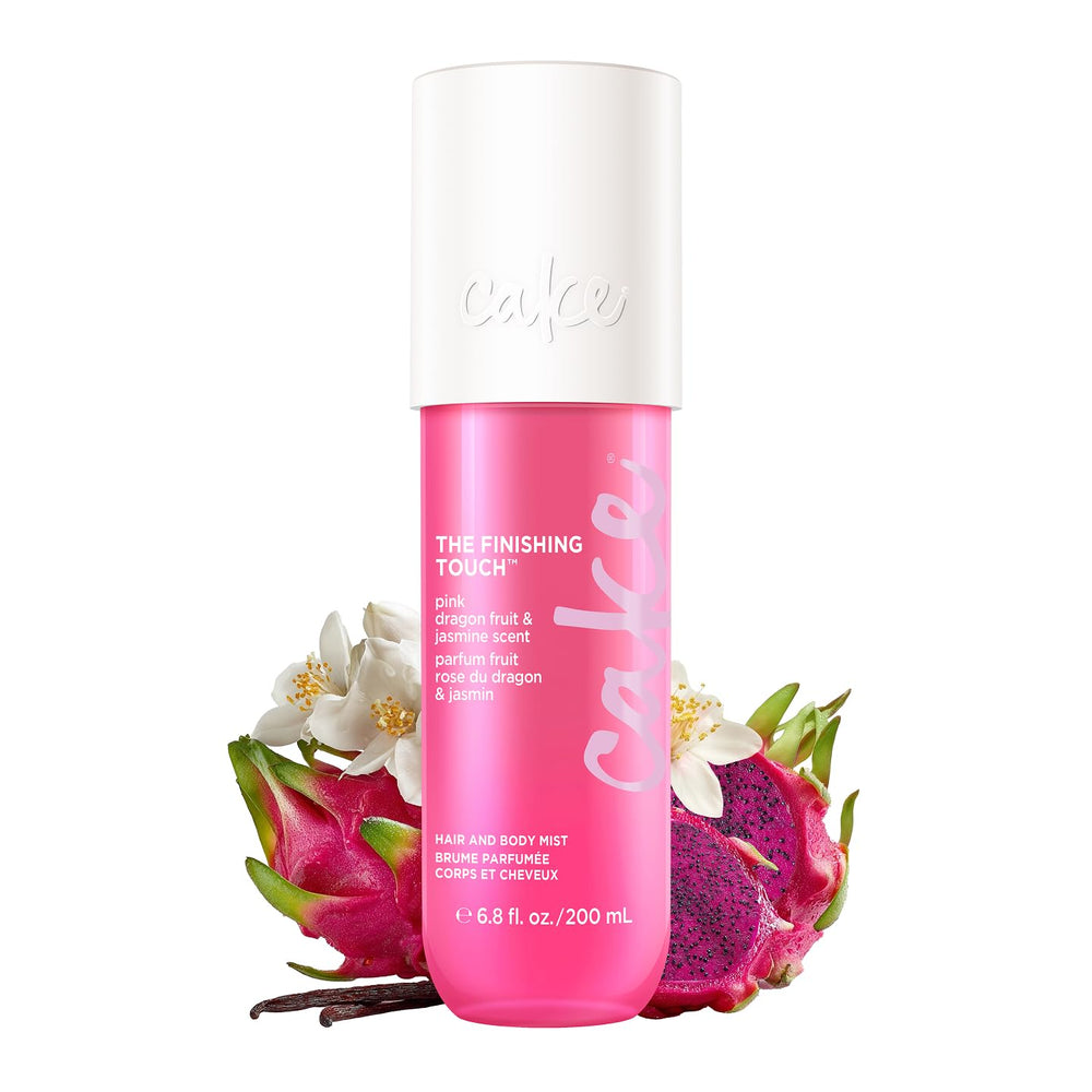 Cake Beauty Finishing Touch mist bottle close-up with pink dragon fruit and jasmine scent for refreshing fragrance.