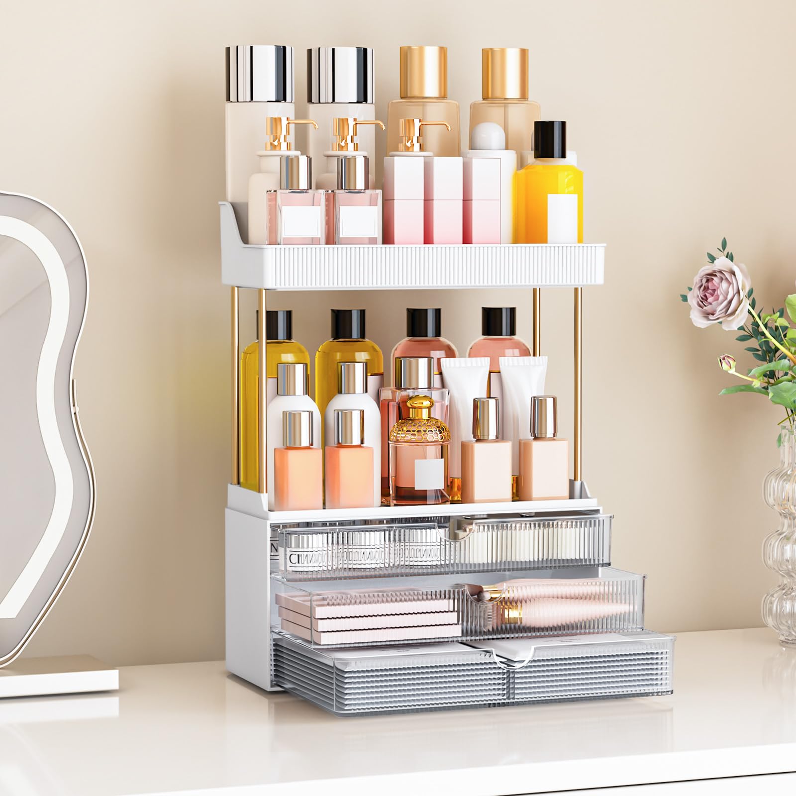 caktraie makeup organizer side view demonstrates a slim footprint for compact vanity spaces.