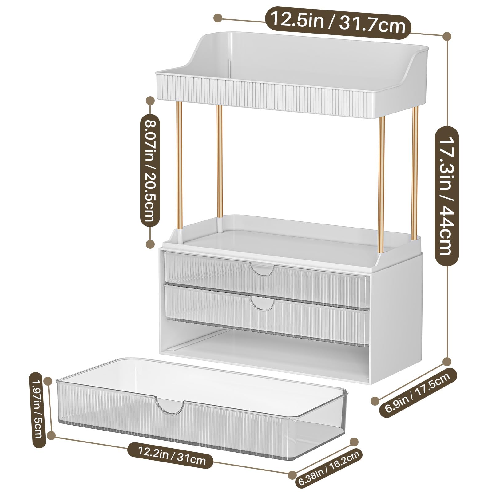 caktraie makeup organizer vanity setup complements bathrooms and bedrooms with durable clear material.