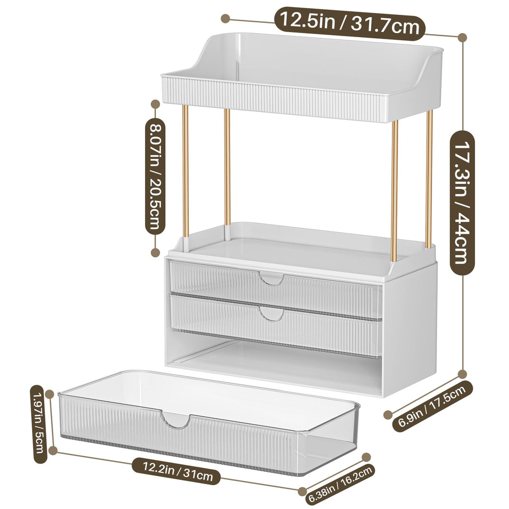 caktraie makeup organizer vanity setup complements bathrooms and bedrooms with durable clear material.