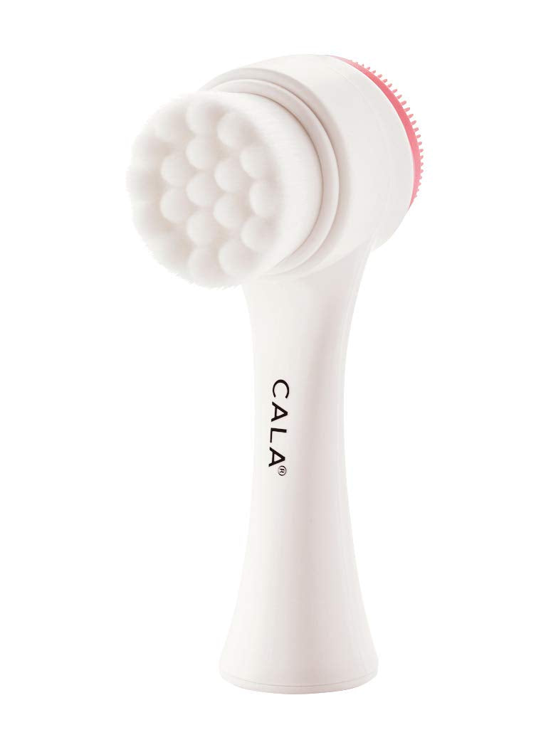CALA Dual-Action Facial Cleansing Brush with pink bristles removes oil and makeup for refreshed skin.