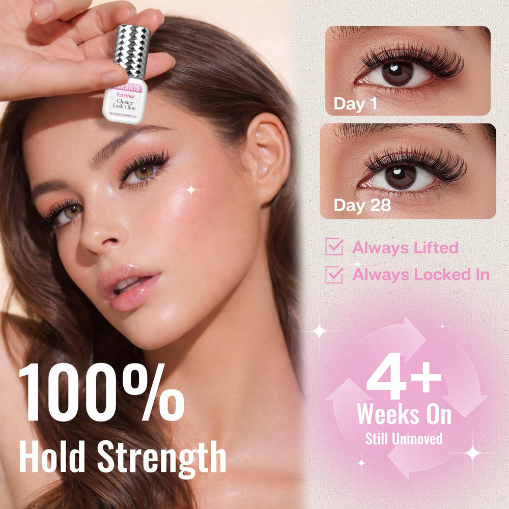 CALAILIS glue close-up demonstrates precise cluster lash application.