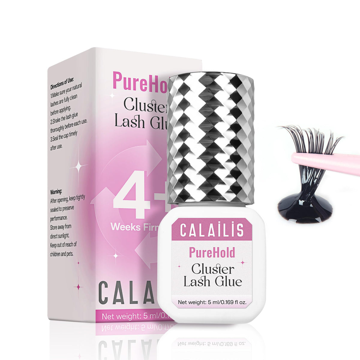 CALAILIS Lash Cluster Glue bottle front shows 4+ weeks hold.