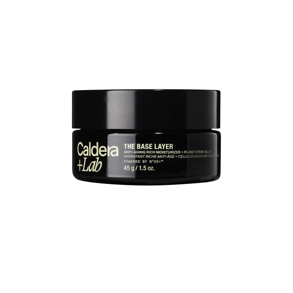 Caldera + Lab The Base Layer jar close-up showing vegan moisturizer for daily hydration.