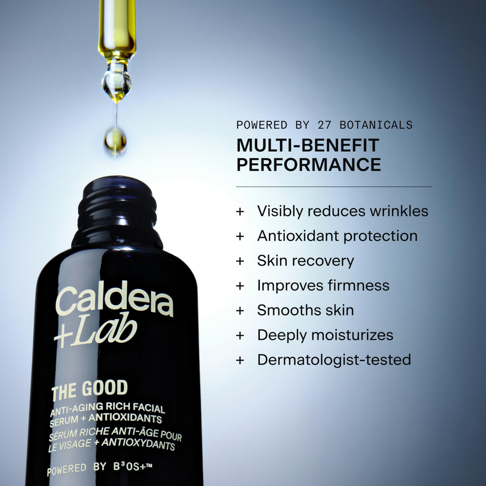 Caldera + Lab The Good ingredients with CoQ10 and fireweed for antioxidant support.