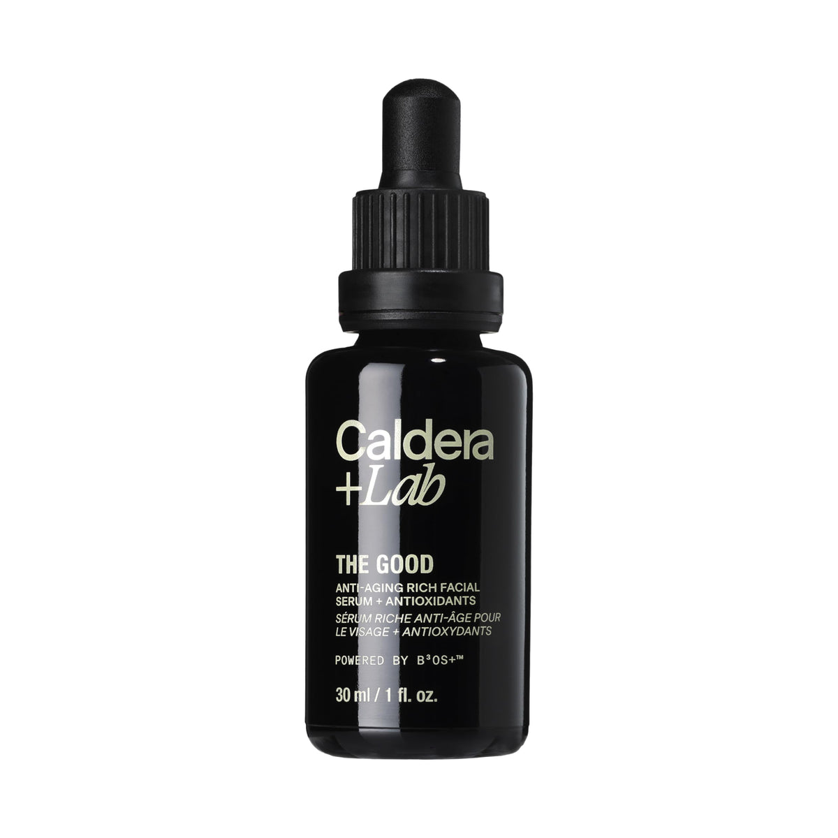 Caldera + Lab The Good serum bottle close-up showing premium hydration.