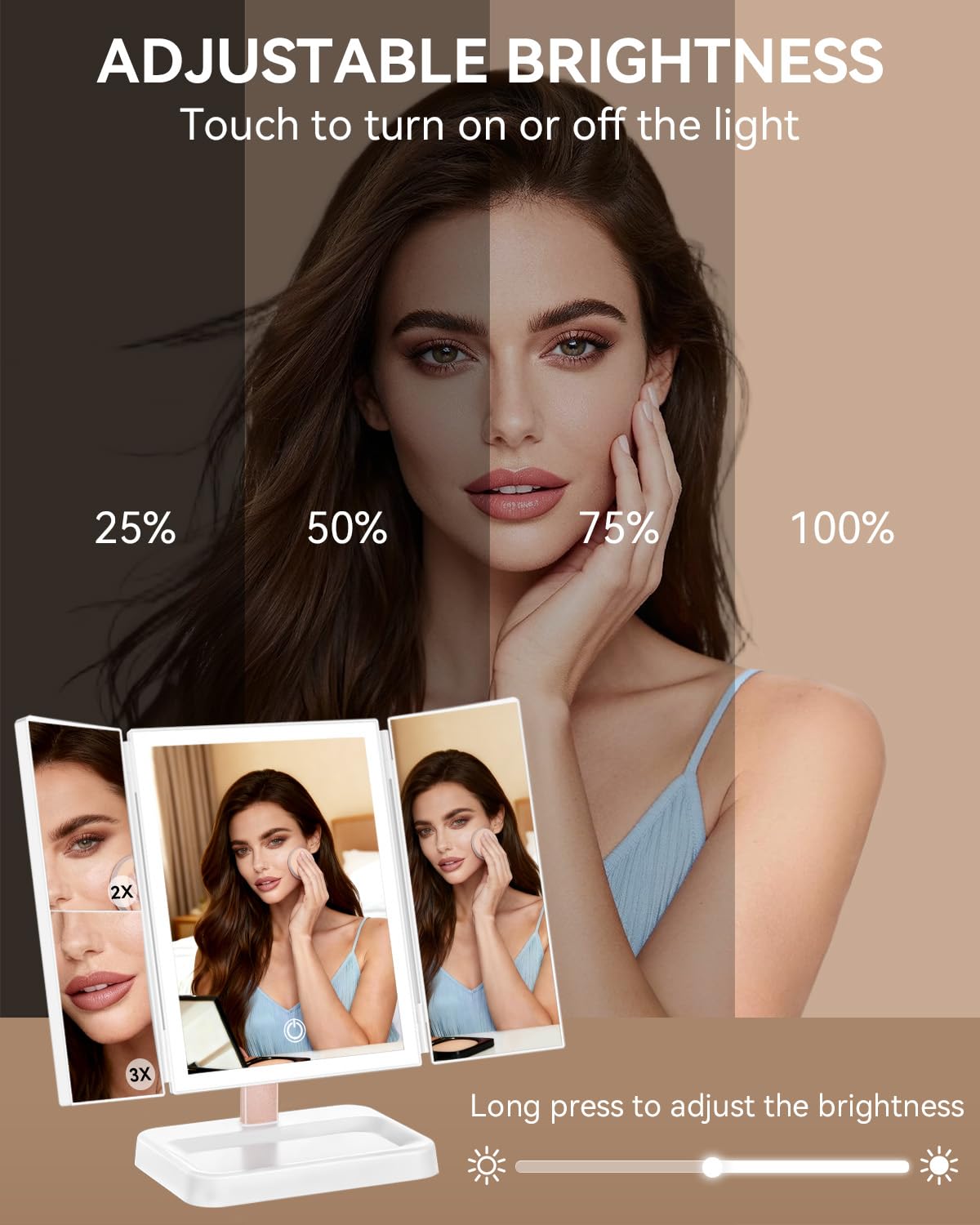Calepop tri-fold design with lights supports full-face and detail work.