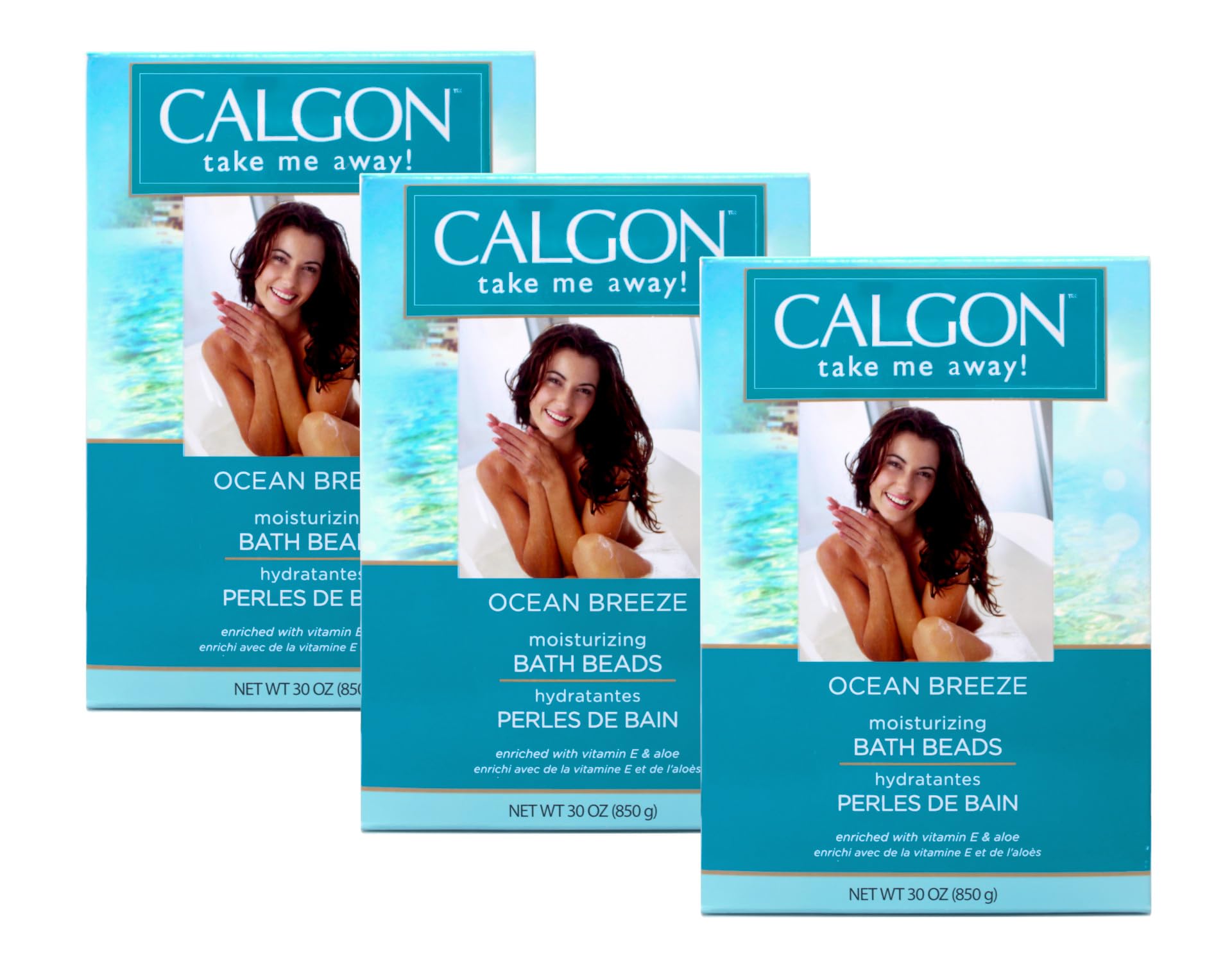 Calgon Ocean Breeze bath beads pack in three jars for a hydrating soak.
