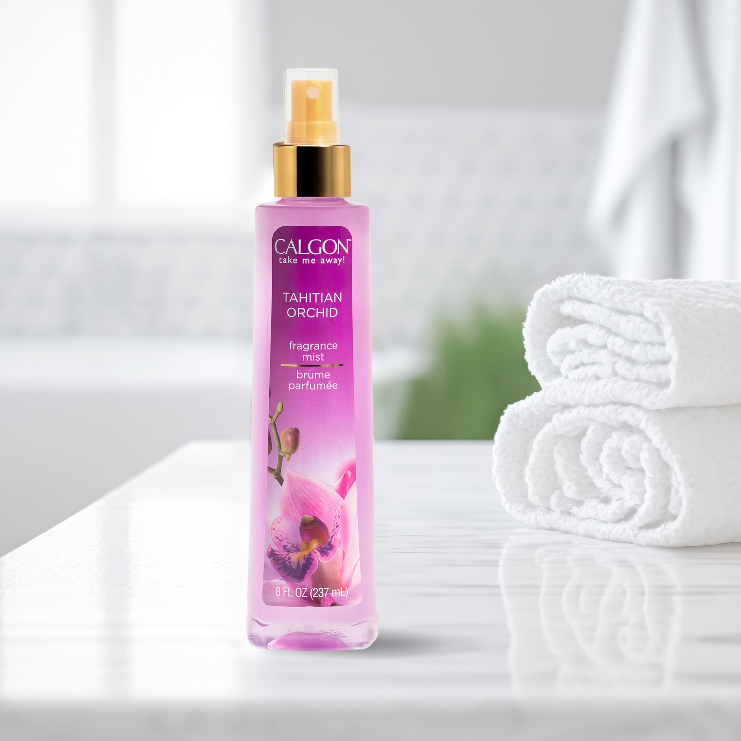 Calgon Tahitian Orchid-middle-notes-mist captures tea, violet, lotus for a refined vibe.