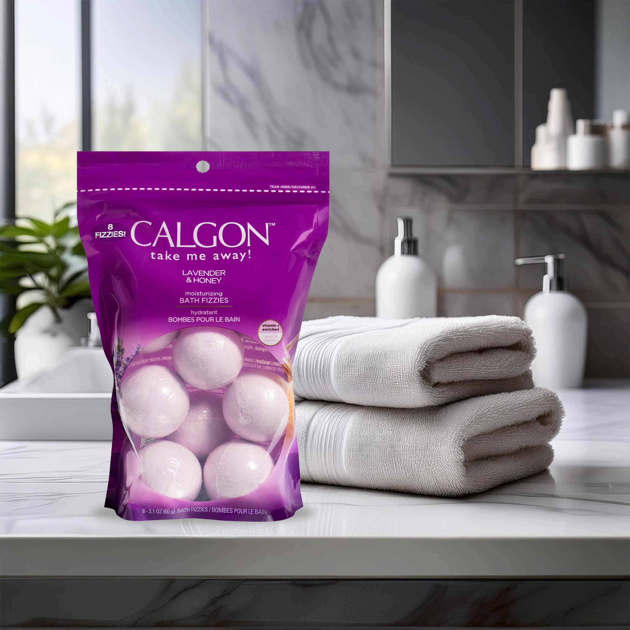 Burbujas Calgon para baño con aroma miel lavanda para calma.