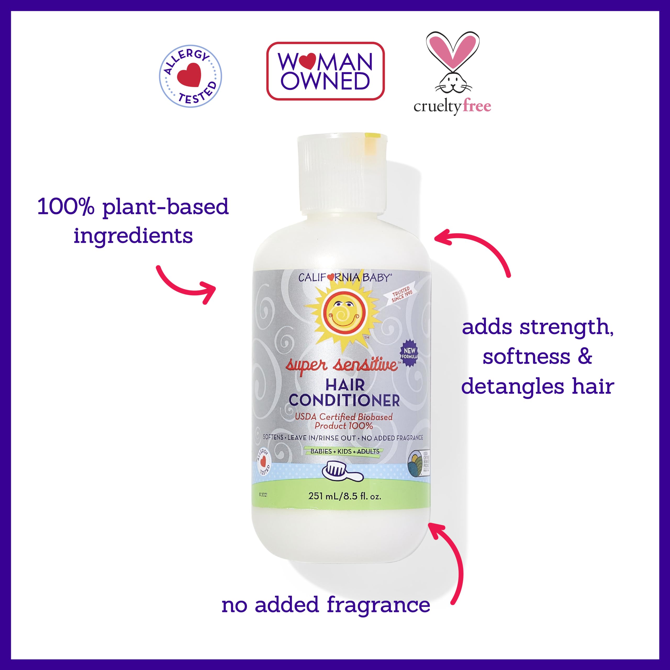 Acondicionador basado en plantas, textura ligera para cabello suave.