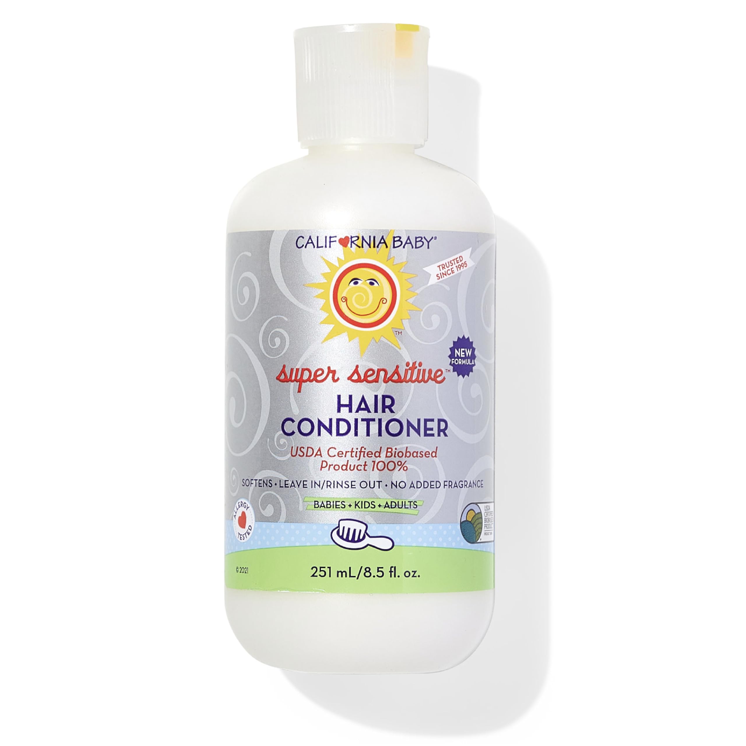 Acondicionador California Baby, botella lista para uso diario en cabello sensible.