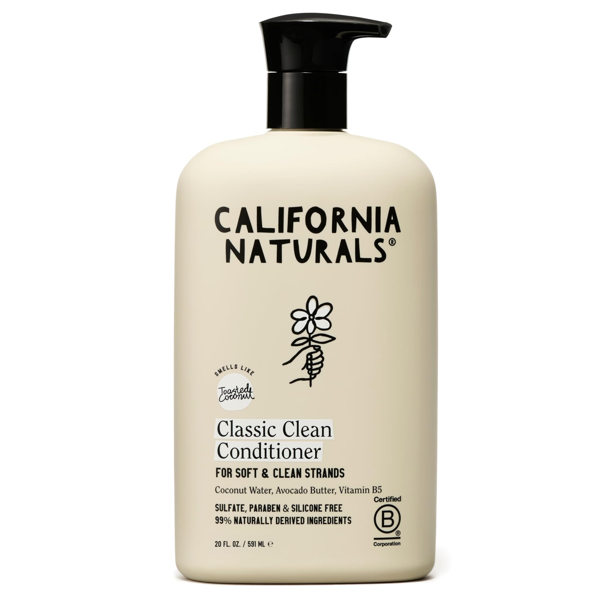 Acondicionador California Naturals con leche de coco en envase; hidratación suave para cabellos secos.