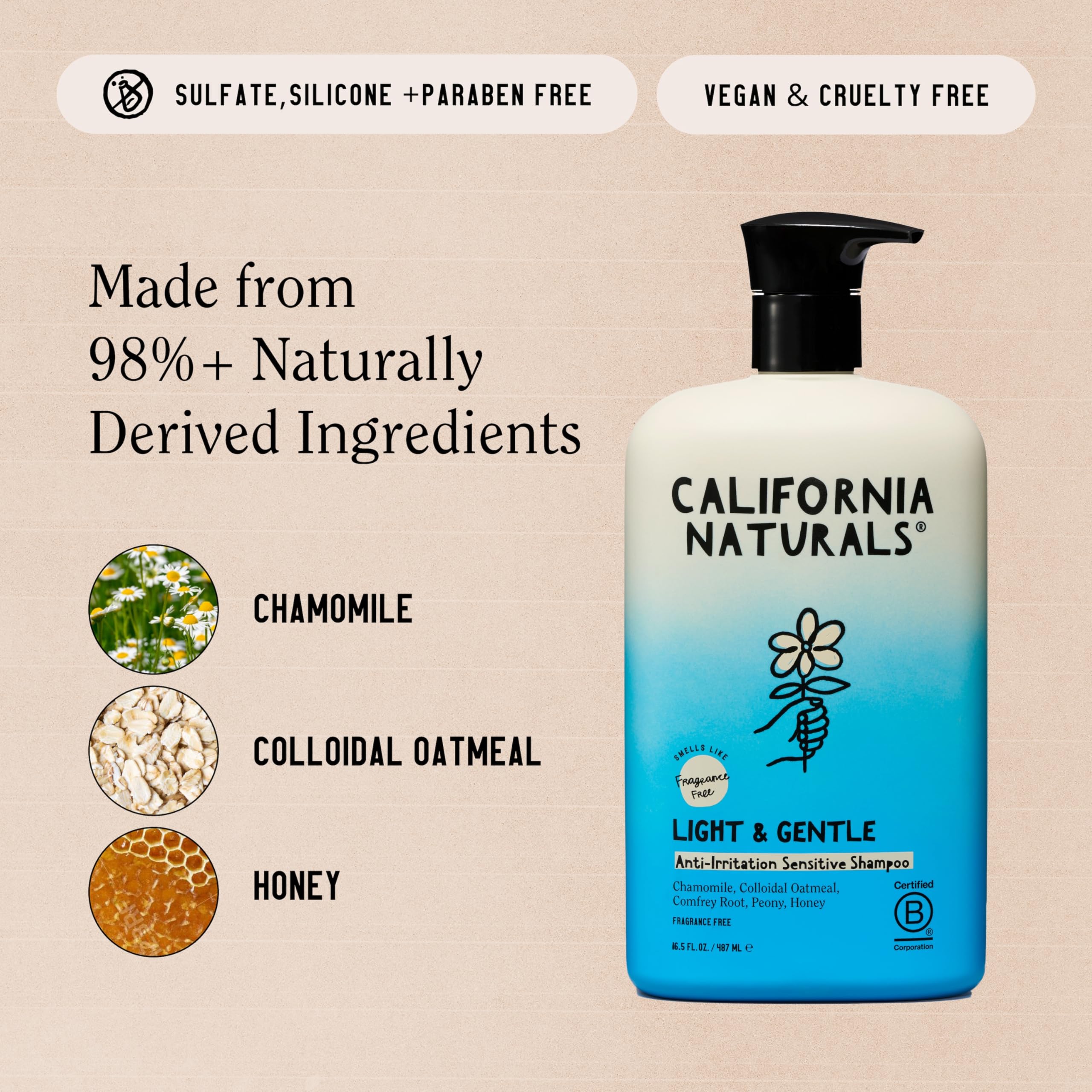 California Naturals shampoo label highlights fragrance-free, vegan, and cruelty-free formula.