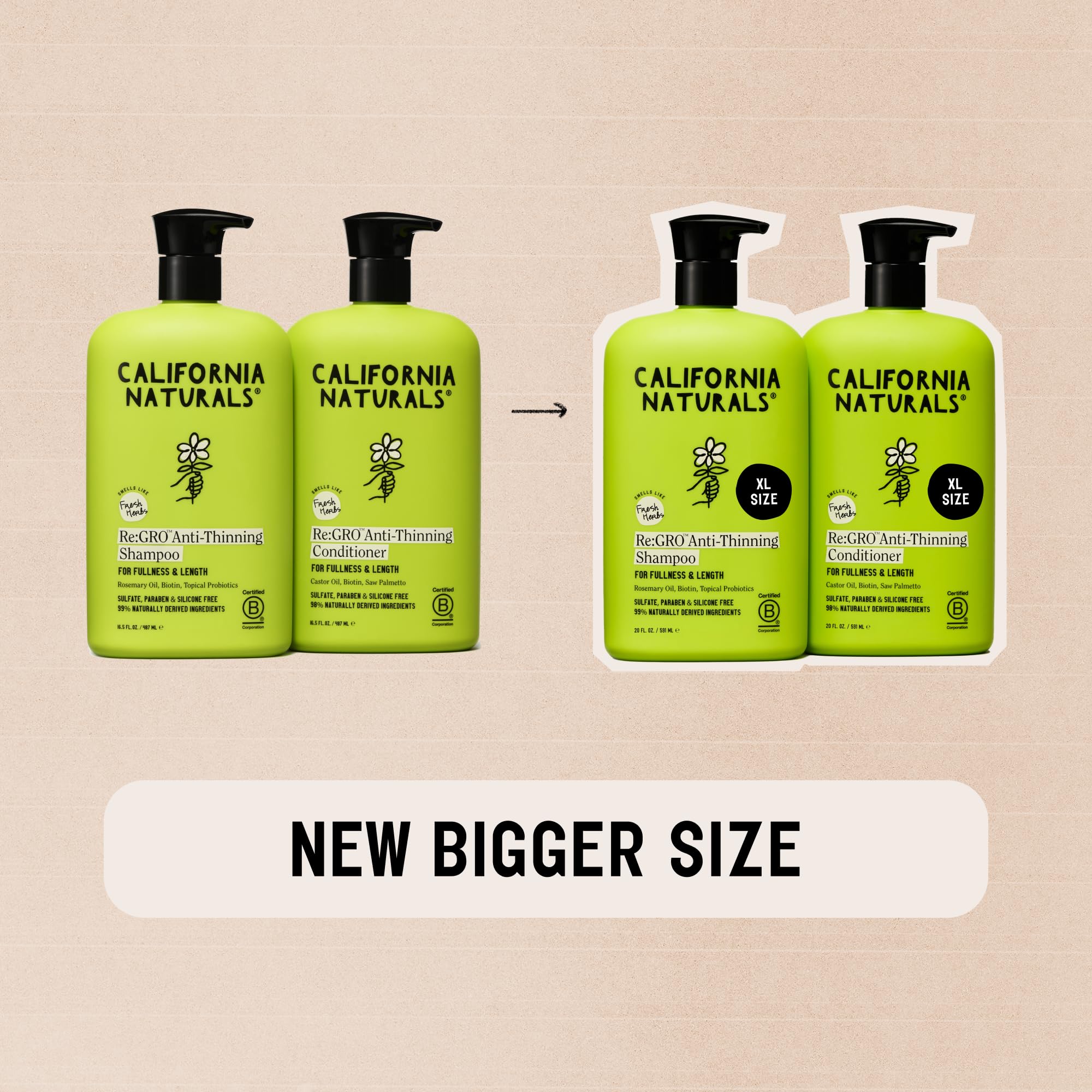 California Naturals Re:GRO Conditioner label showcases argan oil and rosemary components.