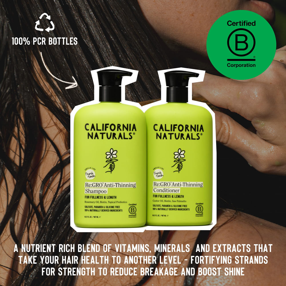 California Naturals Re:GRO set on a bathroom shelf ready for daily use.