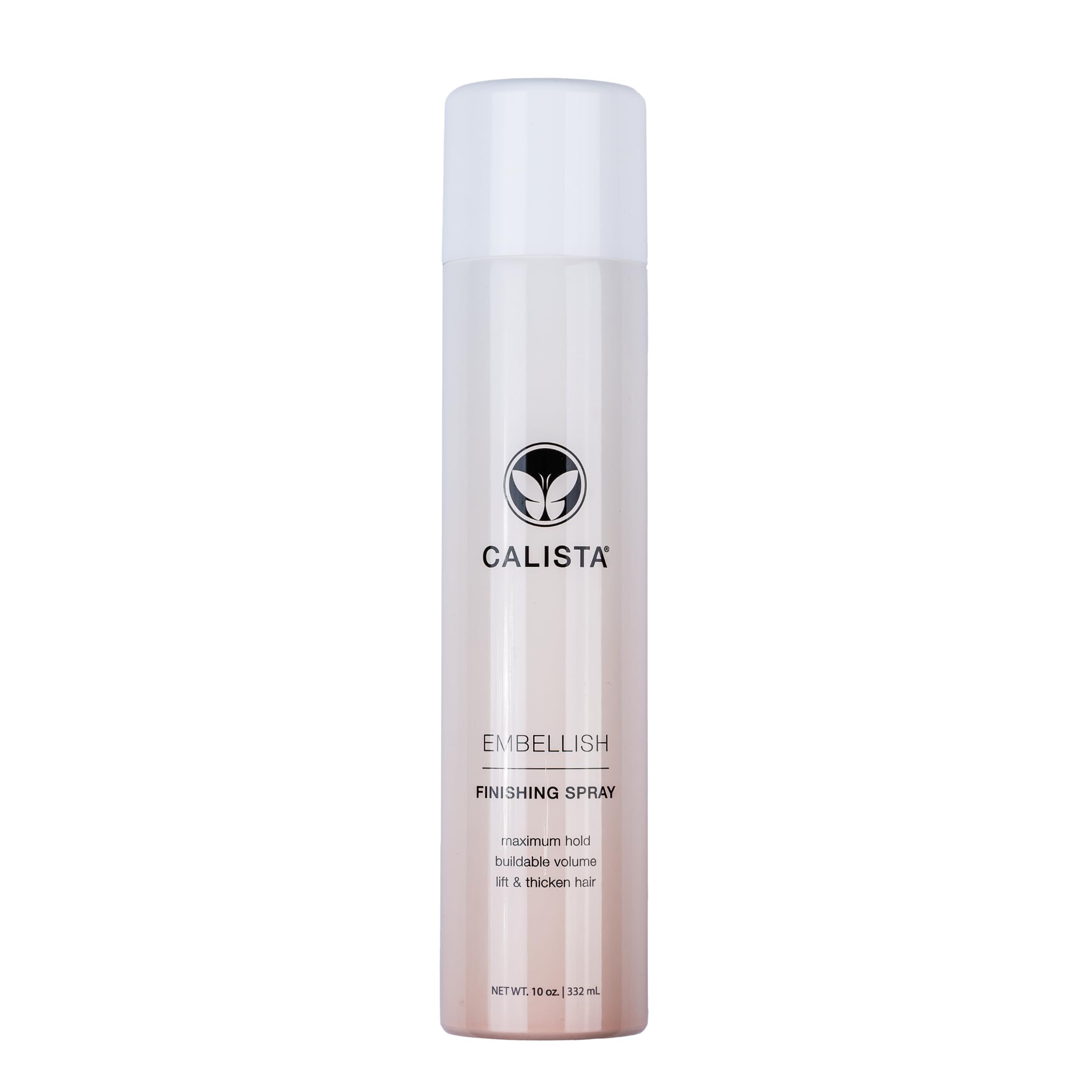 Calista Embellish Finishing Spray bottle front shows lasting volume and shine.