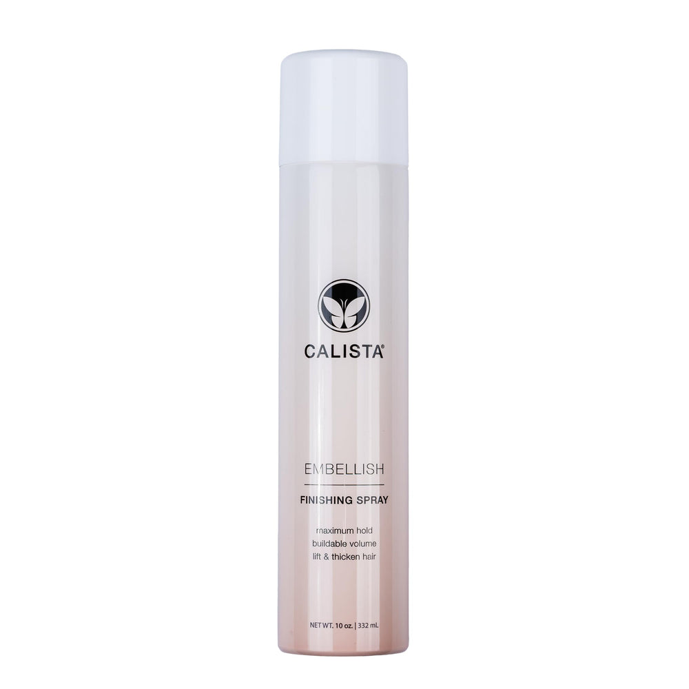 Calista Embellish Finishing Spray bottle front shows lasting volume and shine.