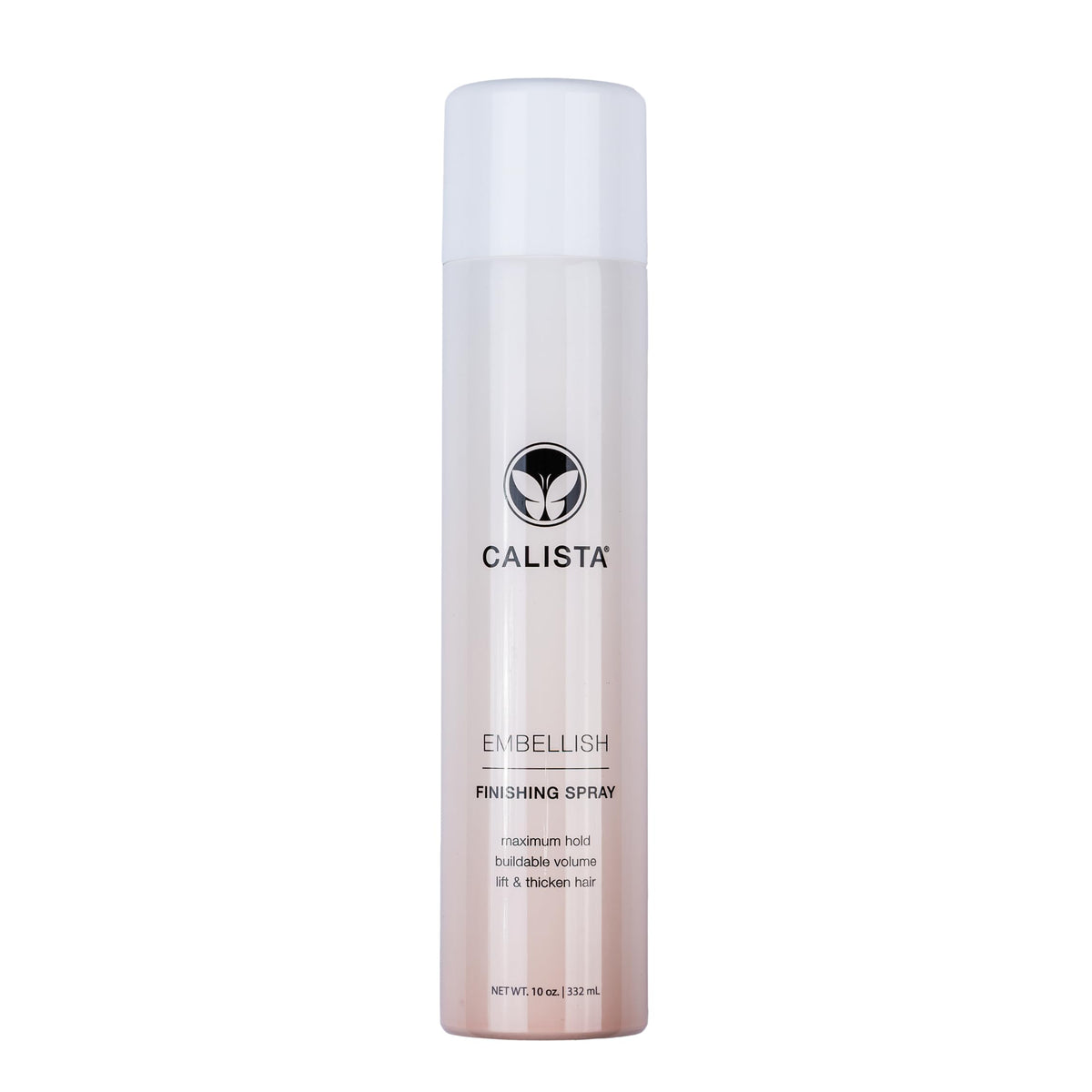 Calista Embellish Finishing Spray bottle front shows lasting volume and shine.