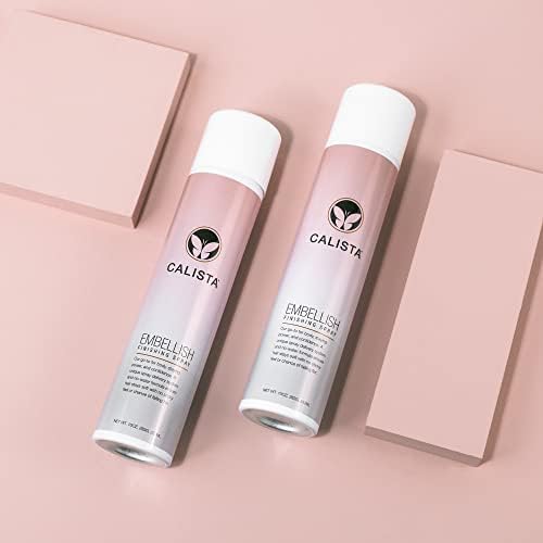 Calista Embellish Finishing Spray packaging front highlights color-safe, paraben- and sulfate-free formula.