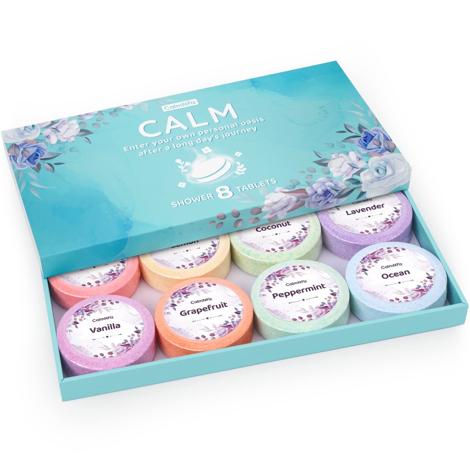 CalmNFiz destiladores de ducha 8-pack en caja, experiencia relajante para ducharte.