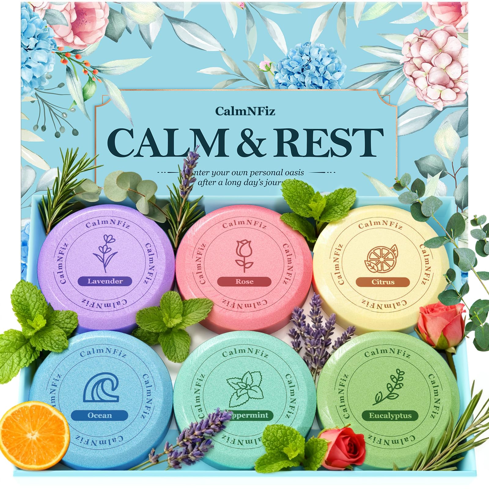 CalmNFiz six-pack display showing six scents for customizable shower aromatherapy