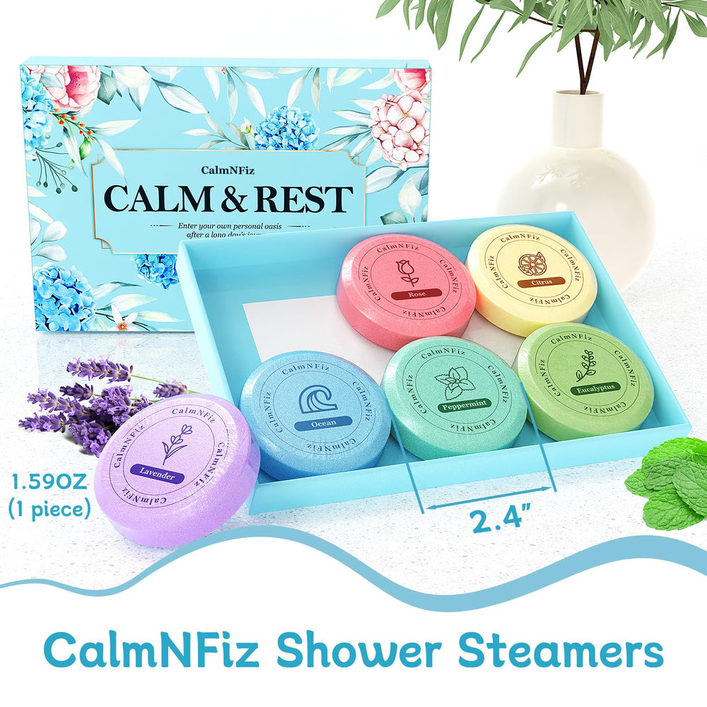 CalmNFiz shower steamer on the shower floor releasing fragrance