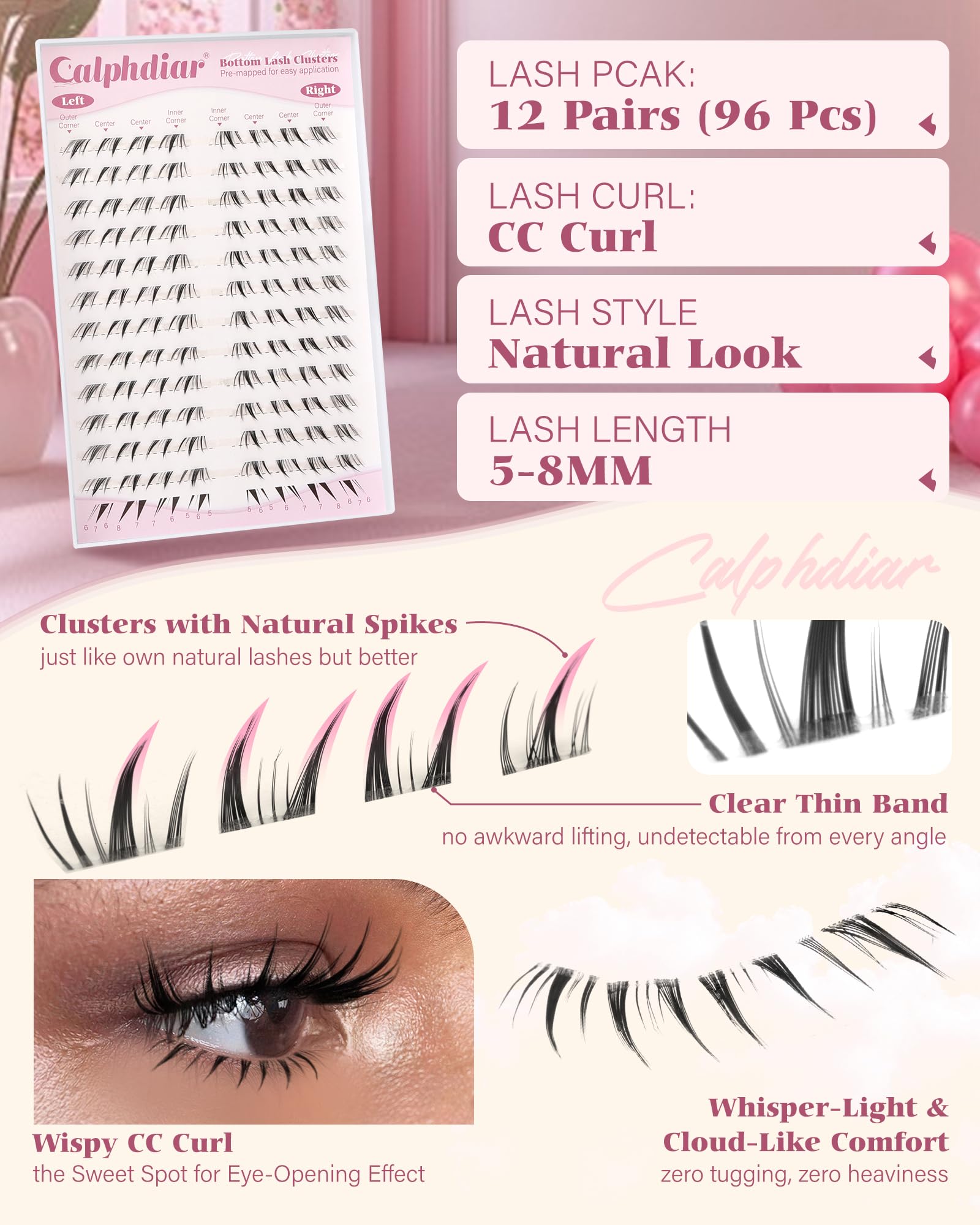 Calphdiar bottom lash clusters 5-8mm right center lightweight comfort throughout the day
