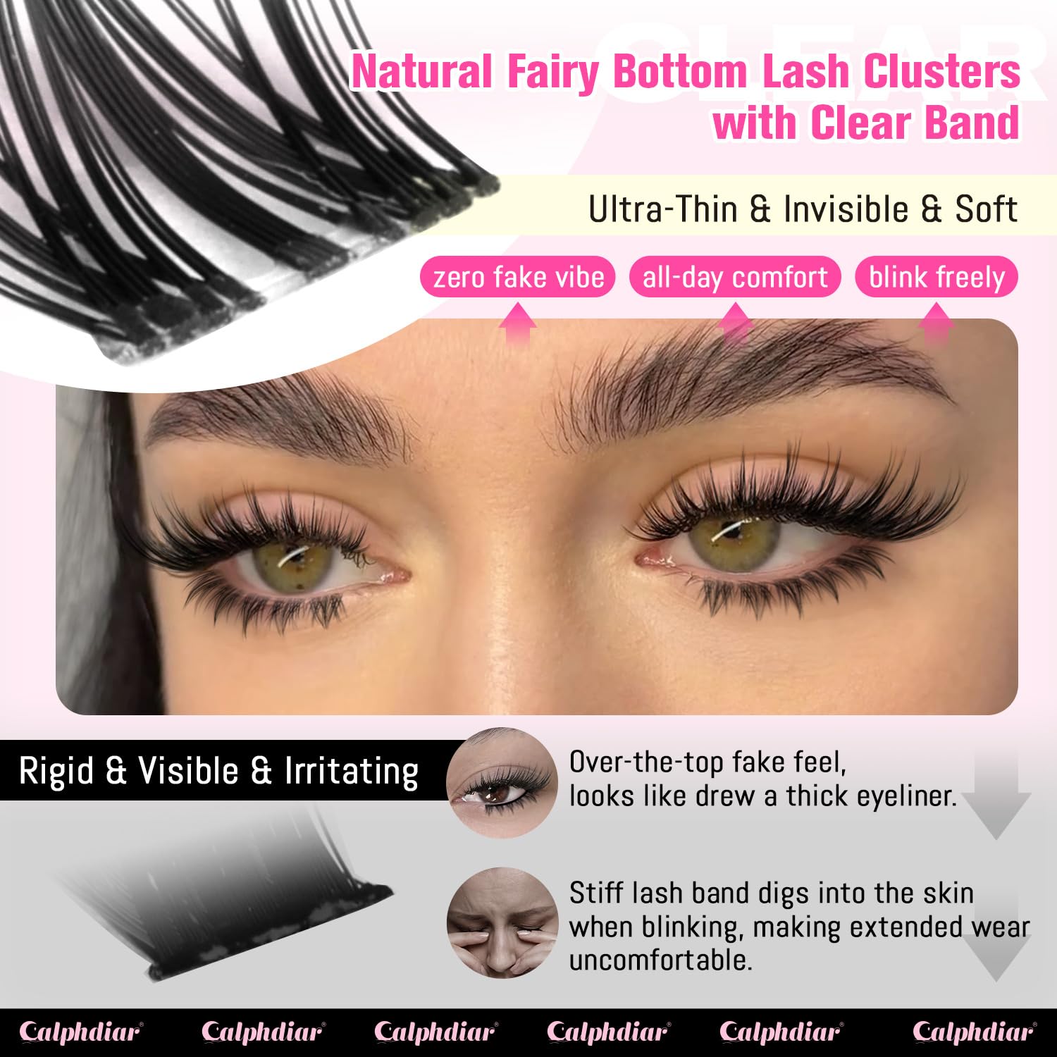 Calphdiar clear-band bottom lashes deliver an invisible finish for all-day wear.