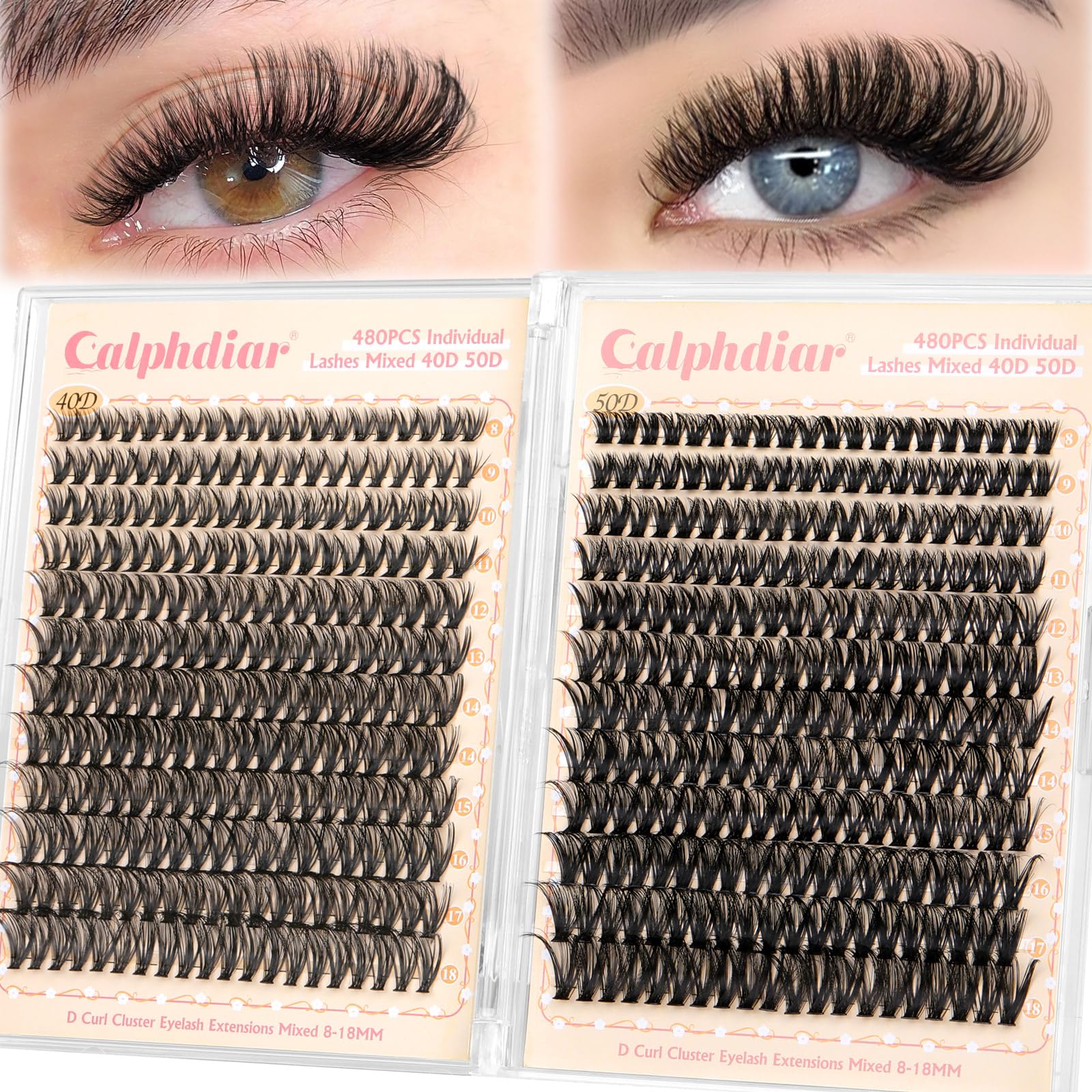 Calphdiar lash clusters 480pcs with 40D/50D, 8–18mm for versatile styling at home