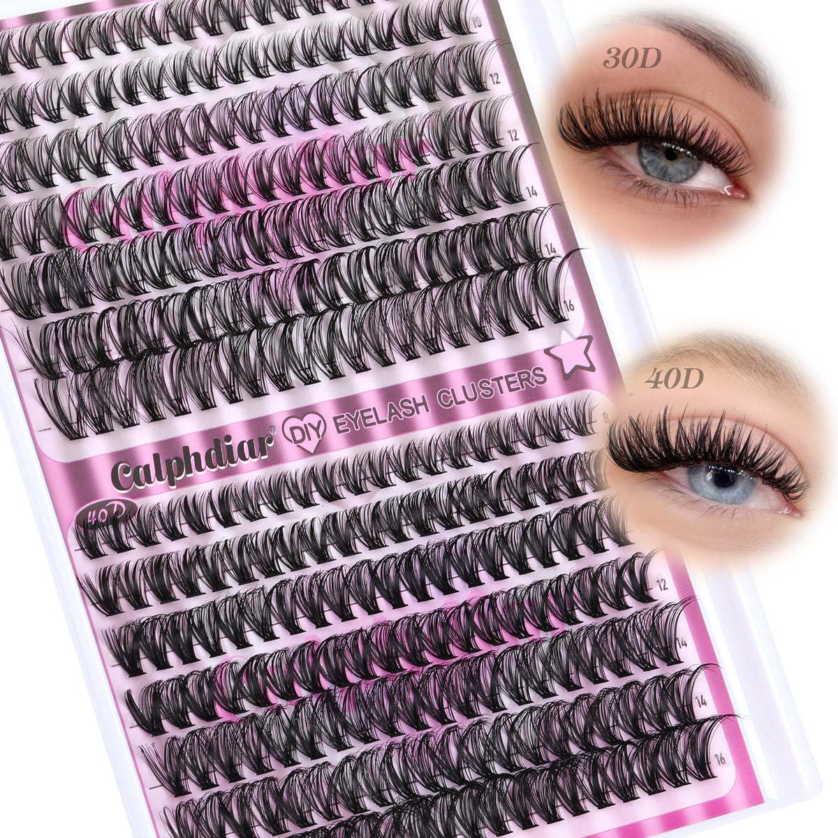 Calphdiar natural lash clusters 30D/40D in 8–16mm for salon-look results.