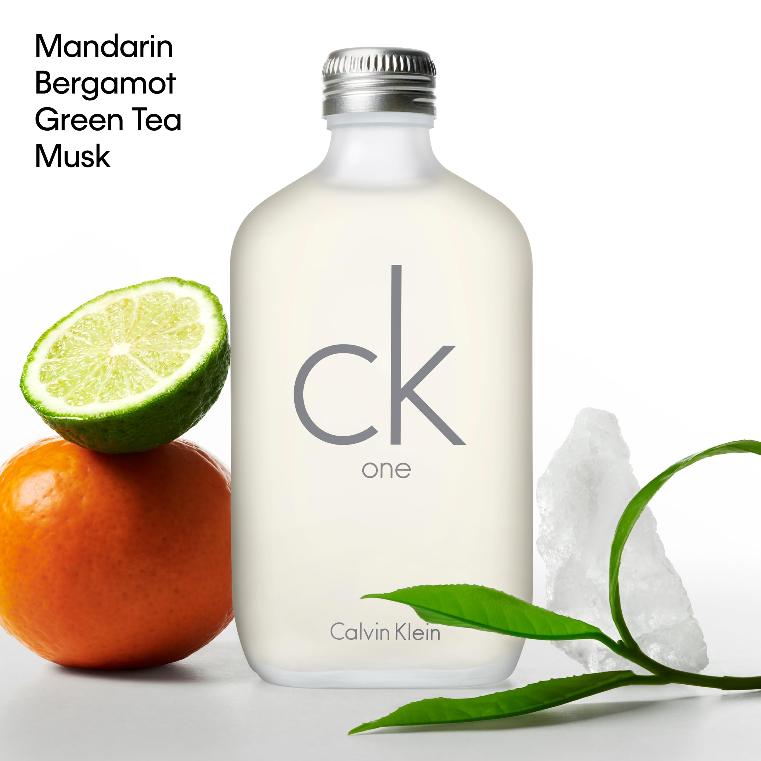 CK One green tea note closeup highlighting fresh, energizing aroma.