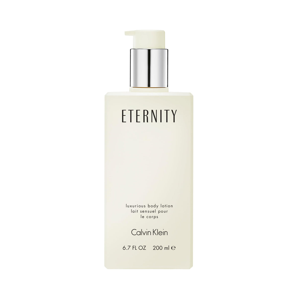 Calvin Klein Eternity body lotion bottle standing upright for premium packaging display