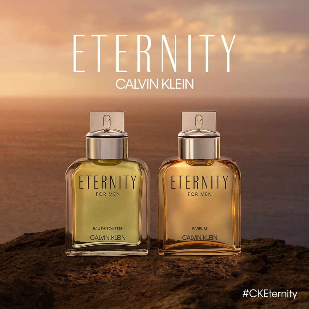 Bottle rests on a reflective surface conveying timeless masculinity with Calvin Klein Eternity Men.