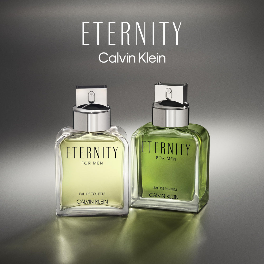 Label detail emphasizes refined branding on Calvin Klein Eternity Men aftershave.