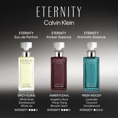Calvin Klein Eternity EDP base notes closeup, highlights sandalwood and amber warmth.