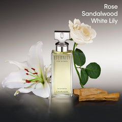Close-up of Calvin Klein Eternity for Women bottle with gold cap for evening occasions.