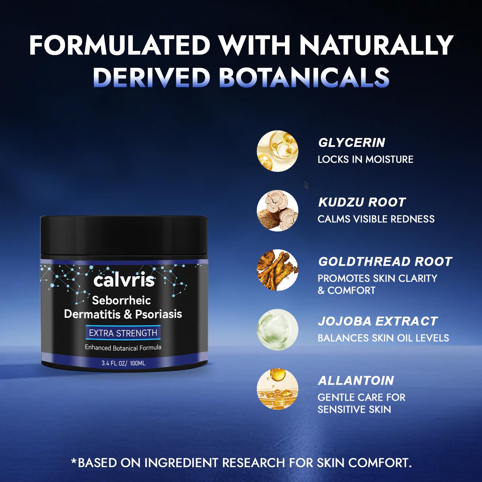 Calvris botanical formula texture highlights soothing scalp care benefits.