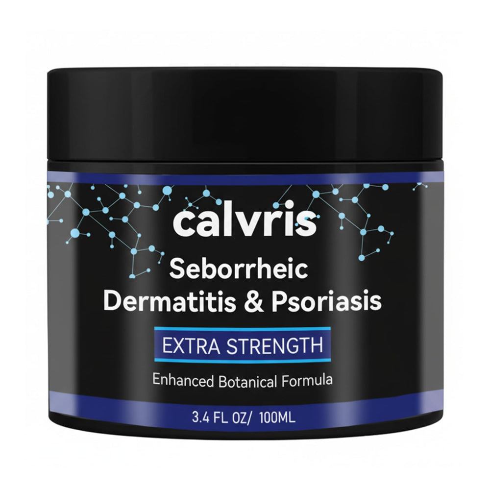 Calvris Extra Strength Scalp Cream bottle for rapid flakes relief and daily use.