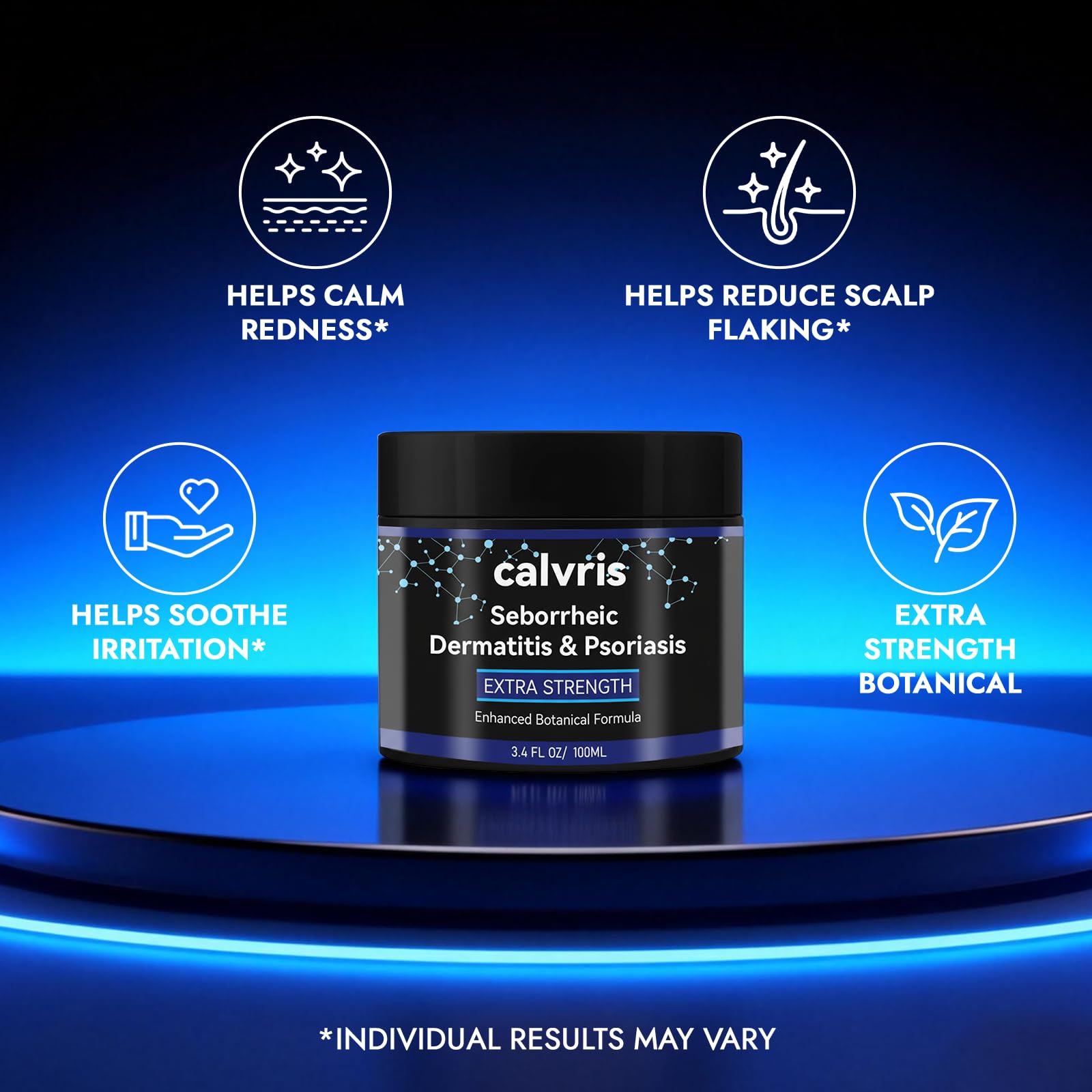 Calvris scalp cream jar focuses on itch relief with a non-greasy feel.