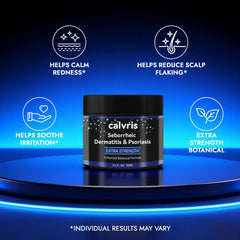 Calvris scalp cream jar focuses on itch relief with a non-greasy feel.