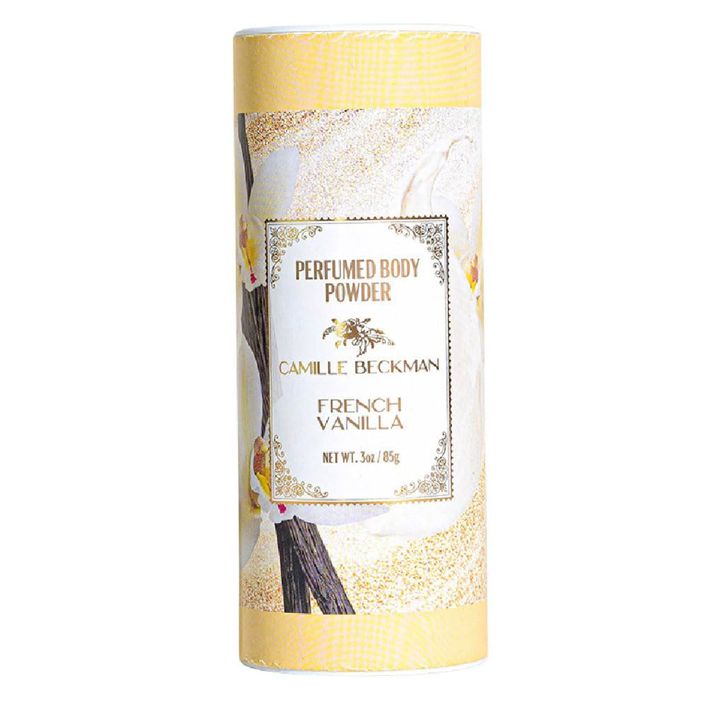 Camille Beckman French Vanilla talc-free powder bottle refreshes skin with a warm fragrance.