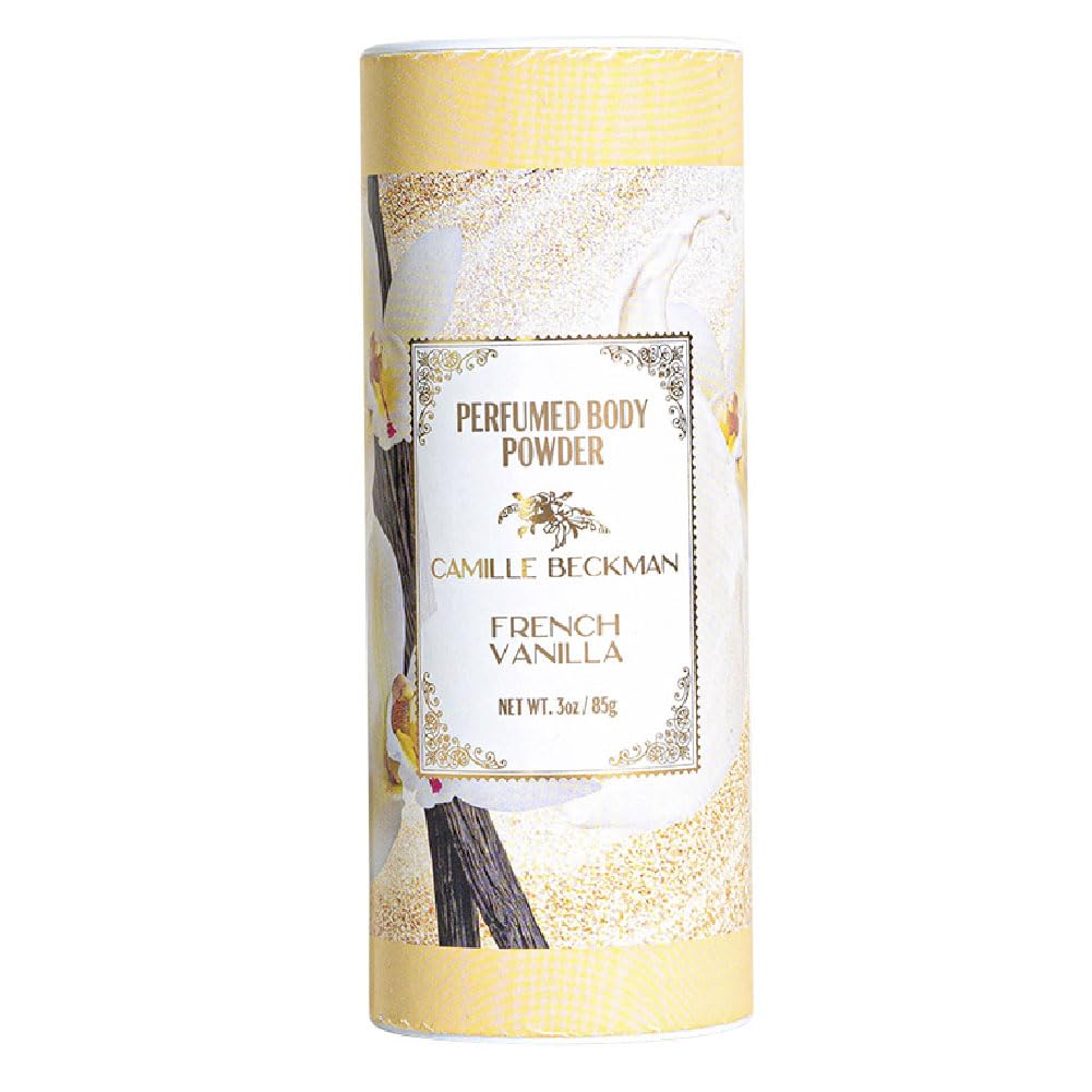 Camille Beckman French Vanilla talc-free powder bottle refreshes skin with a warm fragrance.