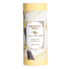 Camille Beckman French Vanilla talc-free powder bottle refreshes skin with a warm fragrance.