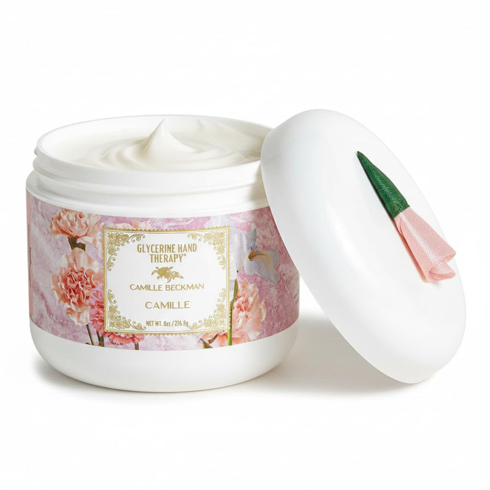 Camille Beckman Signature Glycerine Hand Therapy 8oz bottle displaying rich moisturizer for daily care.