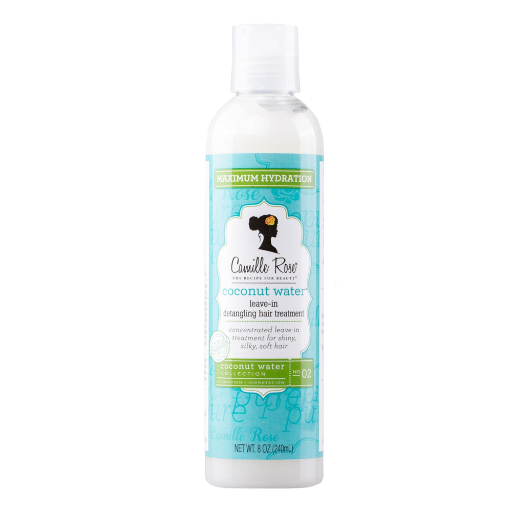 Camille Rose agua de coco sin enjuague en botella, hidratación ligera para el cabello.