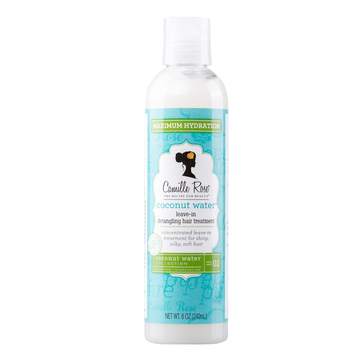 Camille Rose agua de coco sin enjuague en botella, hidratación ligera para el cabello.