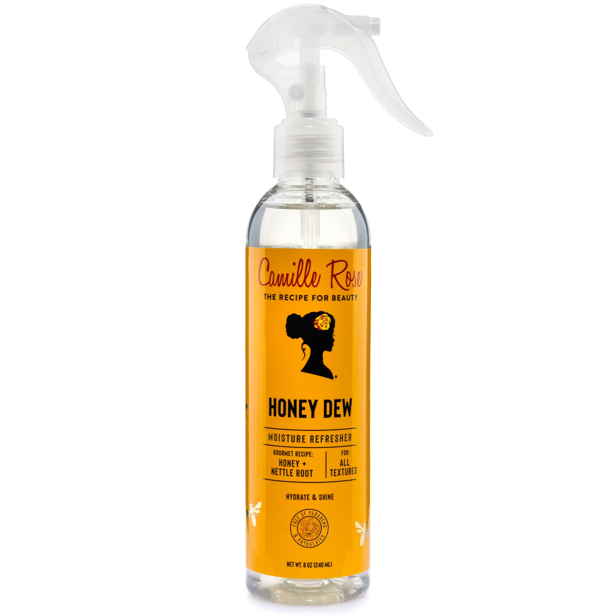 Camille Rose Curl and Detangler Spray bottle delivering Honey Dew hydration.