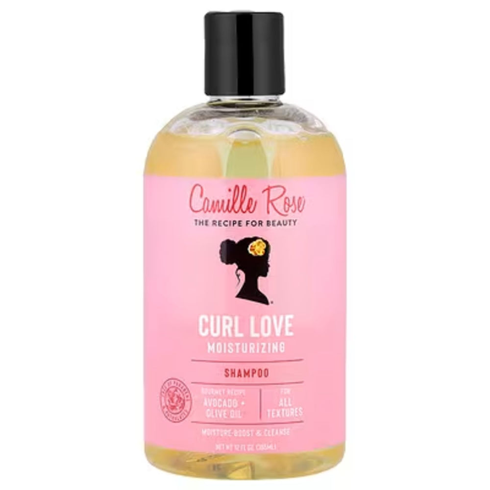 Camille Rose Curl Love Shampoo con aceites de oliva y aguacate, limpia suavemente y suaviza el cabello.