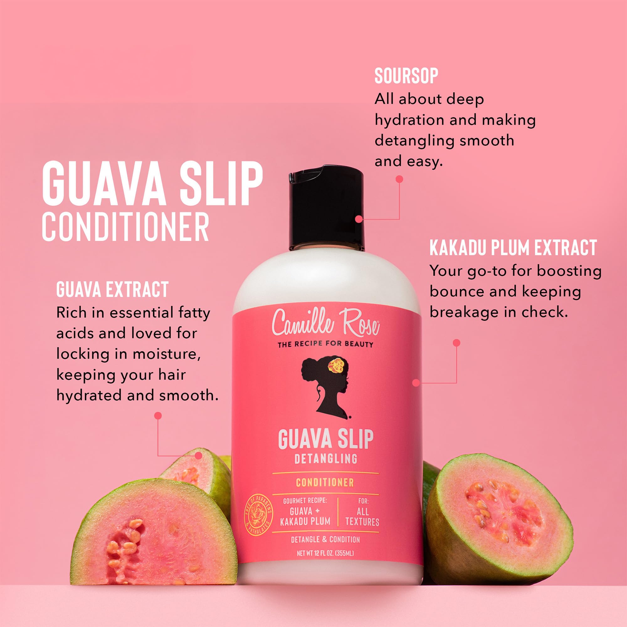 Camille Rose Guava Slip Detangling Conditioner creamy texture swirls on hair, signaling smooth detangling and glide.